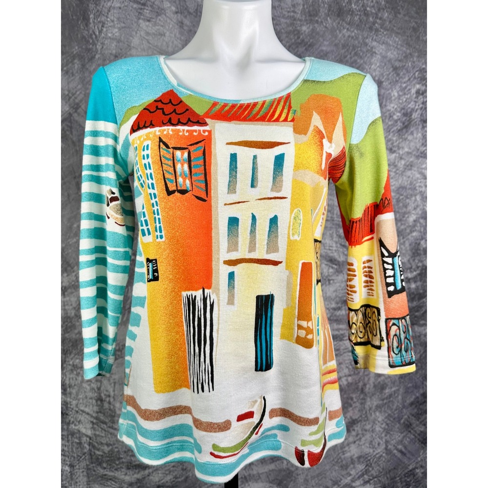 Additions by Chico's Mediterranean House Graphic Art to Wear Top Size 0 Sm Med